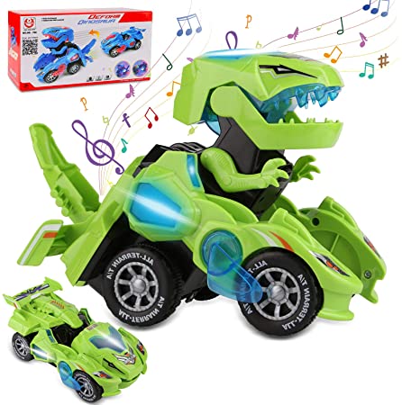 Rusee Transforming Dinosaur Toys, Transforming Dinosaur Car, Automatic Transform Dino Cars with Music and LED Light, Transform Car Toy for Kids Boys Girls Birthday Gifts (Green)