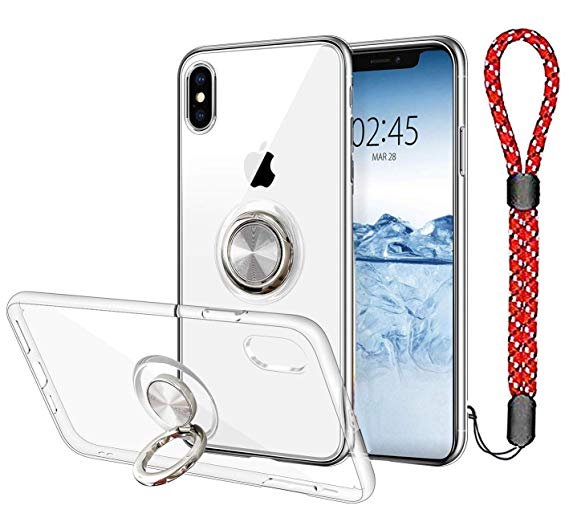 Calmpal iPhone X & iPhone Xs Case,Magnet-Attracting Metal Ring Holder Kickstand Rotational Clip Holster Rugged TPU Rubber Soft Clear Case with Adjustable Wrist Strap Lanyard for iPhone X/Xs(5.8")