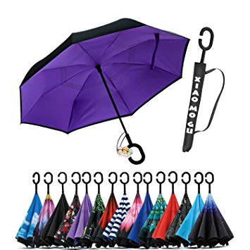 XIAOMOGU Creative Double Layer Inverted Umbrella Cars Reverse Umbrella, Windproof UV Protection Inverted Umbrella for Car Rain Outdoor Upside Down Umbrella with C-Shaped Handle