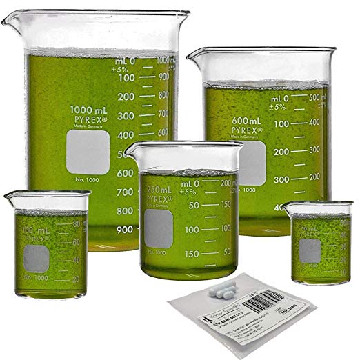 Corning PYREX #1000 Griffin Low Form, Glass Beaker Set with Magnetic Stir Bar Set - 5 Sizes - 50, 100, 250, 600, and 1000ml