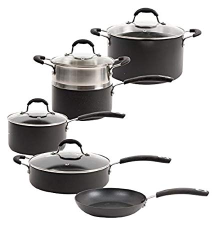 Oster Brawley 10 Piece Non-Stick Hard Anodized Aluminum Cookware Set, Charcoal