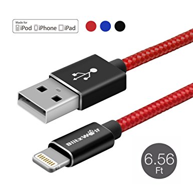 Apple MFI Certified Lightning to USB Charger Cable, BlitzWolf 6.56ft Braided Charger and Data Cord for iPhone 5 5s 5c 6s / 6s Plus 6SE, iPad Air, iPad mini, iPod