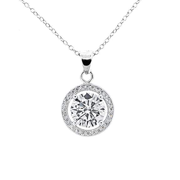 Cate & Chloe Amazon 2018 Blake True 18k White Gold Halo Pendant Necklace, Silver CZ Solitaire Necklace, Cubic Zirconia Pendant with Halo