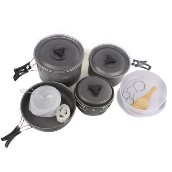 Camping Pots, Portable Hard Anodized Aluminum Cooking Ware Cookware Picnic Bowl Pot Pan Kits