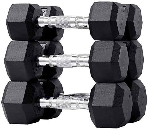 PAPABABE 90LB Dumbbell Set Rubber Coated Hex Dumbbell Free Weights Dumbbells Set (A Pair of 10 15 20 LB Dumbbell)