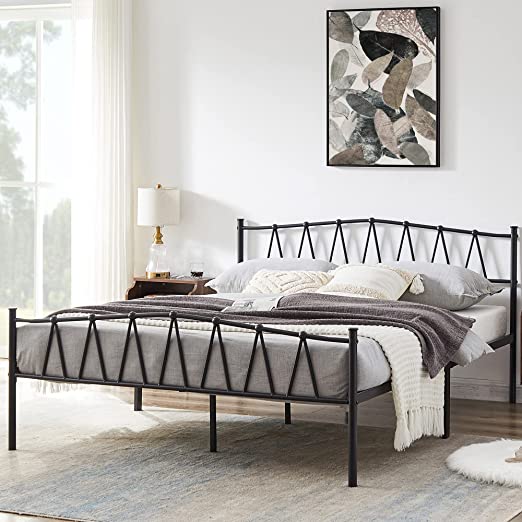 VECELO Vintage Metal Platform, Queen Size Bed Frame with Headboard and Footboard, Matress Foundation with Heavy Duty Slat Support/No Box Spring Needed/Noise Free, Black