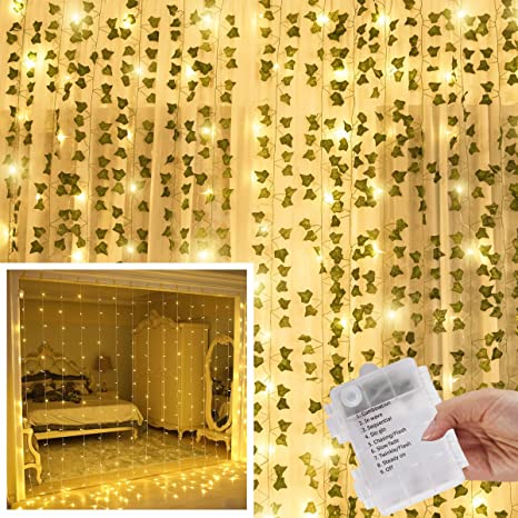 KASZOO 12 Pack Artificial Ivy Leaf Plants with 240 LED Window Curtain String Lights, Fake Plants Vine Hanging Garland, Hanging for Wall Party Wedding Room Home Kitchen Indoor & Outdoor Decoration