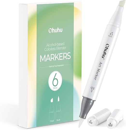 Ohuhu Alcohol Colorless Blenders - Pack of 6 Alcohol Based Ink No.0 Clear Blender Brush of Ohuhu Markers for Adding Highlights Textures - Erasing Mistakes - Works Well with All Alcohol Markers