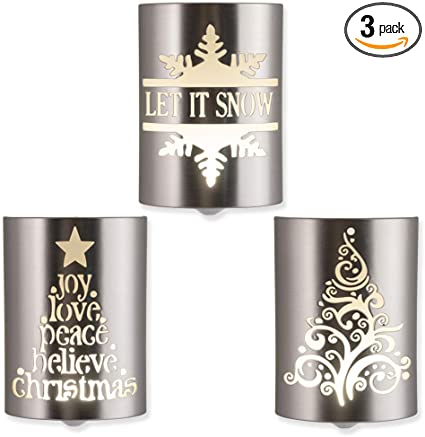 Lights by Night Holiday LED Night Lights, 3 Pack, Dusk-to-Dawn, Christmas Home Décor, Designer, Let It Snow, Peace, Love, Joy, UL-Listed, Ideal for Bedroom, Bathroom, Brushed Nickel, 43885
