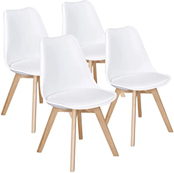 Yaheetech Set of 4 Modern Dining Chairs Upholstered Side Chair Tulip Chair PU Leather with Soft Padded Seat Beech Wooden Legs for Living Room/Dining Room/Cafe/Kitchen White