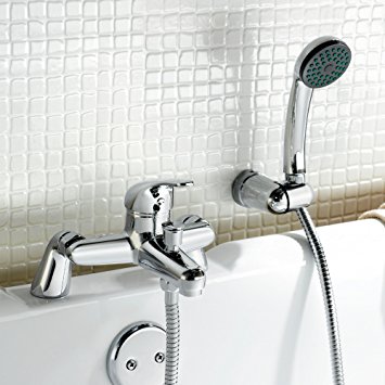 Trueshopping Modern Chrome Deck Mounted Bathroom Single Lever Bath Shower Mixer Kit Tap including Handset Wall Bracket