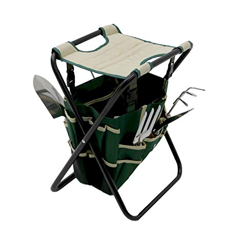 Oypla Folding Gardeners Tool Stool with 5pc Tools and Storage Bag