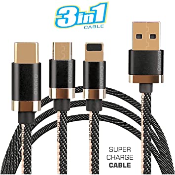 ONCRO® 3.0A 3 in 1 Cable Nylon Duo Jean Braided Fast/Rapid/Super Charging Cable for Micro USB, iPhone & Type C Devices. 3.3 ft Compatible with Most Devices (FASTX Edition)