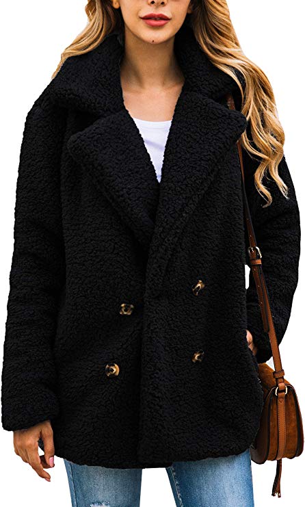 ECOWISH Women's Coat Casual Lapel Fleece Fuzzy Faux Shearling Zipper Warm Winter Oversized Outwear Jackets