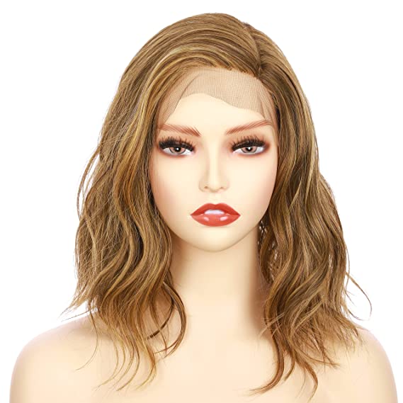 OneDor Shoulder Length Side Part Lace Front Short Wavy Hair Bob Wigs for Women (Light Brown Evenly Blended with Dark Natural Blonde-RL12/16)