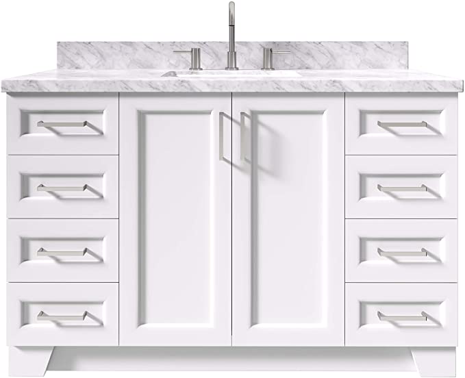 ARIEL 55" Inch White Bathroom Vanity with 1.5" Inch Thick Edge Italian Carrara Marble Countertop | Rectangle Sink | 2 Soft-Closing Doors 9 Full Extension Dovetail Drawers | Toe Kick | Satin Nickel