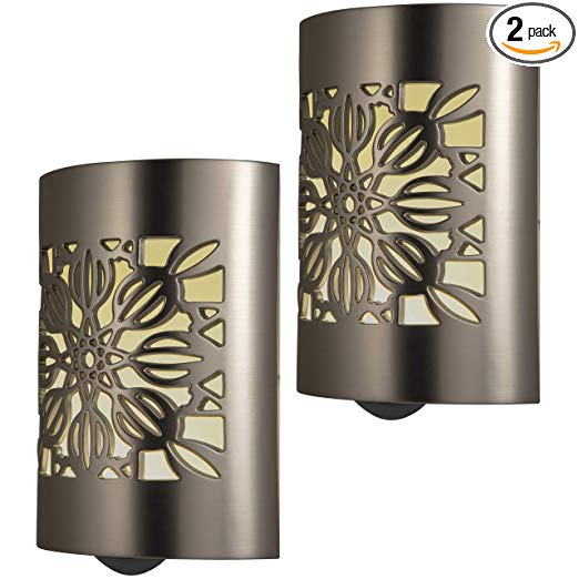 GE CoverLite LED Night Light Floral Design, 2 Pack, Plug-in, Dusk to Dawn Sensor, Home Decor, for Elderly, Ideal for Kitchen, Bathroom, Bedroom, Office, Nursery, Hallway, Brushed Nickel, 46817,