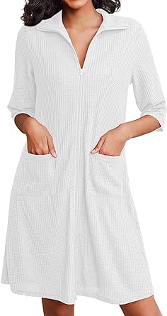 Ekouaer Zipper Robes for Women Waffle Knit Bathrobes Short Lightweight Knee Length Loungewear with Pockets S-XXL