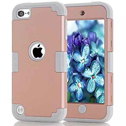iPod Touch 5 Case,iPod Touch 6 Case, Dual Layered 2in 1 Hard PC Case   Silicone Shockproof Heavy Duty High Impact Armor Hard Case Cover for Apple iPod touch 5 6th Generation (Rose gold gray)