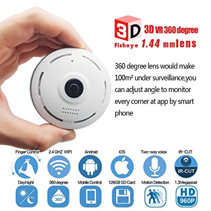 360 Degree Fisheye Panoramic IP Camera 1.3 Megapixel 960P Wireless Wifi 2.4GHZ Security Camera Super Wide Angle Support 3D VR IR Night Motion Detection Keep Your Pet & Home Safe