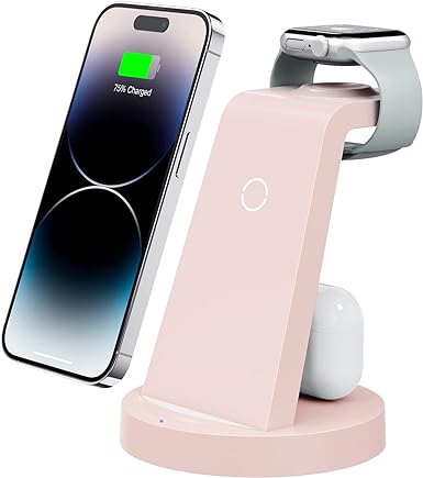 3 in 1 Charging Station for iPhone, Wireless Charger for iPhone 15 14 13 12 11 X Pro Max & Apple Watch - Charging Stand Dock for AirPods (Pink)