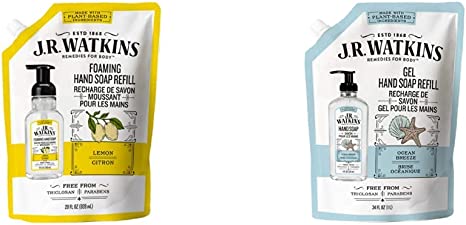 J.R. Watkins Lemon Foaming Hand Soap Refill Pouch, Scented Foam Handsoap, 828 Milliliters & Ocean Breeze Liquid Hand Soap Refill Pouch, Scented Liquid Hand Wash, 1 Liter