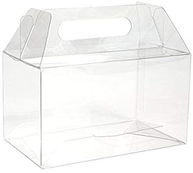 Clear Handle Box | 25 Count | Size: 7” x 4” x 4” | Secure Closure, Easy Carrying Gift Box for Wedding Favors, Party Gifts, Decorative Food Packaging for Chocolate, Jewelry, Cupcakes | FPLB173﻿