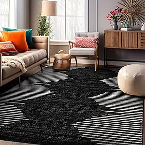 Rugshop Bohemian Stripe Stain Resistant High Traffic Living Room Kitchen Bedroom Dining Home Office Area Rug 6'6" x 9' Black