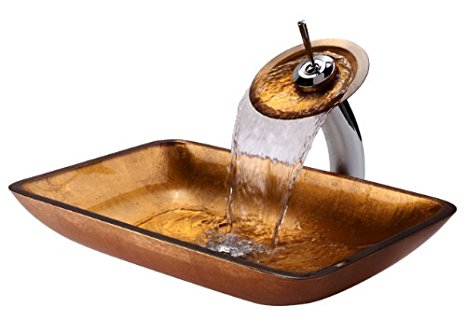 Kraus C-GVR-210-RE-10CH Golden Pearl Rectangular Glass Vessel Sink and Waterfall Faucet Chrome