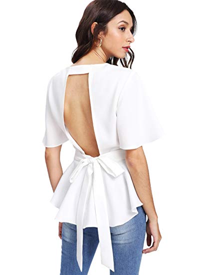 Romwe Women's Sexy Backless Knot Back Top Peplum Ruffle Blouse