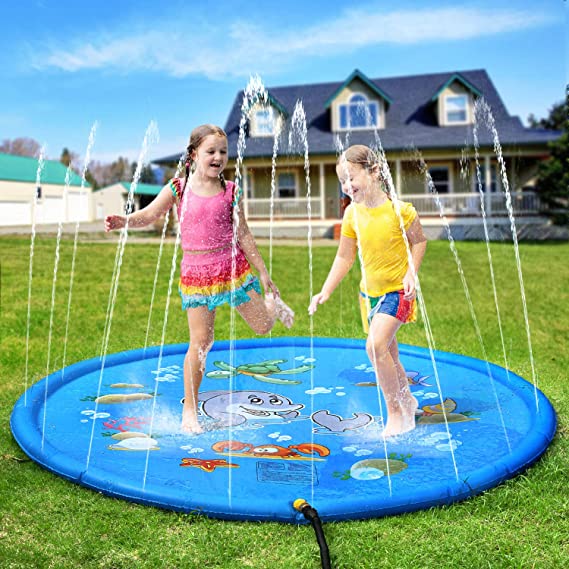 Pellor Splash Water Play Mat, Thickening PVC Inflatable Water Spray Pad Outdoor Garden Inflatable Sprinkler Water Mat Fun Toy Kids Baby Pool Pad Hot Summer Swimming Party