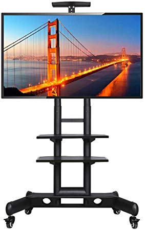 Yaheetech Mobile TV Stand with Storage Shelves and Heavy Duty Base Stand Rolling TV Carts on Wheels for 32 to 70 inch LCD LED Plasma Flat Screen Panel up to 110 Lbs Black