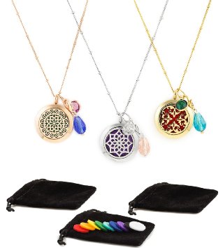3 Essential Oil Diffuser Necklaces - Aromatherapy Jewelry - Hypoallergenic 316L Surgical Grade Stainless Steel, 20.8" Chain   8 Washable Insert Pads   Charms ($17.99 each)