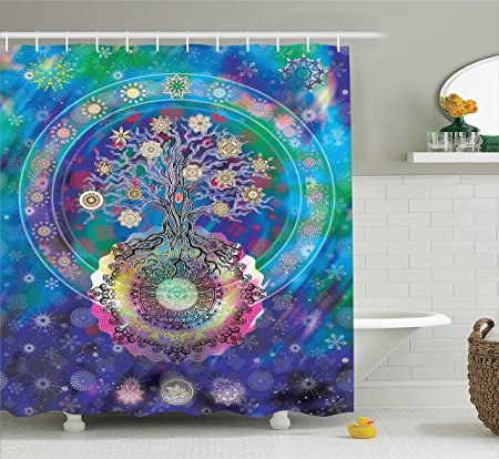 Ambesonne Home Decor Collection, Tree of Life with Floral Style Mandala Spiritual Artwork Meditation Peace Spa Design Decor, Polyester Fabric Bathroom Shower Curtain Set with Hooks, Blue Purple