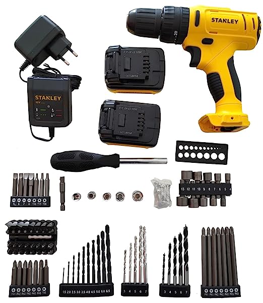 STANLEY SCH12S2KA 10.8V,10mm Reversible Cordless Hammer Drill Driver w 2x1.5 AH Batteries and 100 pc Accessory Kit for Home,DIY and Professional use