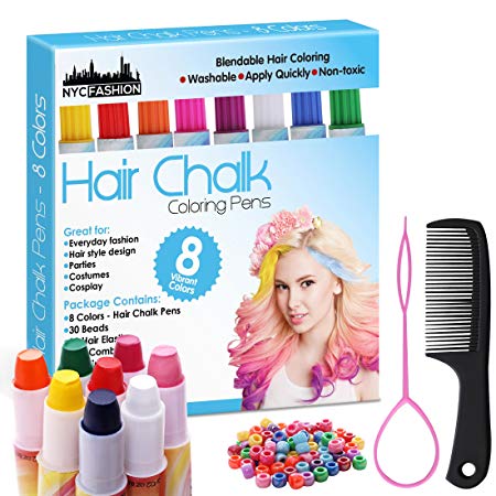 Hair Chalk Pens Set of 8 Colors -Safe for Hair & Skin, Comb, Beads, Hair Beading Tool for Braids - Add Flair of Colorful Streaks to Your Hair (Plain Colors) (Plain Colors)