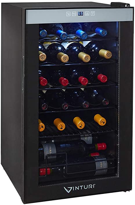 Vinturi RF24BTBK13 Wine Fridge Freestanding with Digital Display Panel Auto Defrost Compressor Interior LED Lighting Clear Glass Door up to 24 Bottles