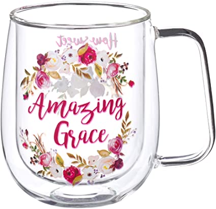 Insulated Glass Coffee/Tea Mug | Amazing Grace Floral Pink and Plum | Inspirational Coffee/Tea Cup for Women