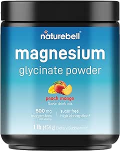 Magnesium Glycinate Powder 500mg, 1lb | Peach Mango Flavored – Chelated for High Absorption – Sugar Free Drink Mix, Bitterless, Non-Buffered – Muscle & Bone Mineral Supplement – Non-GMO, Vegan