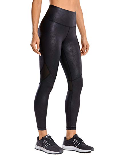 CRZ YOGA Women's Matte Coated Faux Leather Leggings Mesh Tight Workout Pants with Drawcord-25 inches