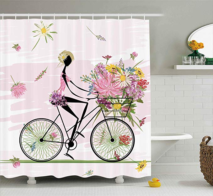 Ambesonne Girl Riding a Bike with Watercolor Daisy Flowers Basket, Polyester Fabric Bathroom Shower Curtain Set with Hooks