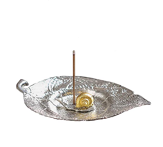 DMtse Metal Silver Leaf Incense Burner Plate Ash Catcher, Incense Holder with Gold Silver Snail Incense Stick Holder