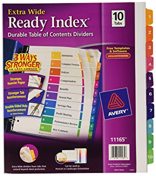 Avery Extrawide Ready Index Dividers, Laser/Ink Jet, 9.5 x 11 Inches, Assorted, 10 Tabs, 1 Set (11165)