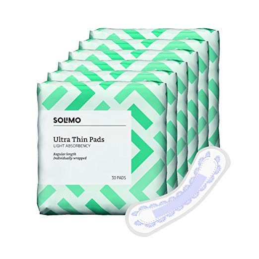 Amazon Brand - Solimo Ultra Thin Incontinence Pads for Women, Light Absorbency, Regular Length, 180 Count