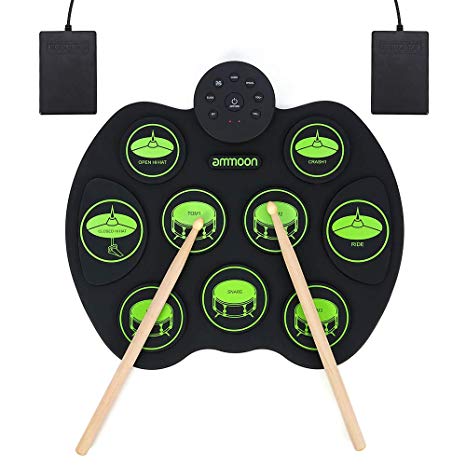 ammoon Portable Electronic Drum Set Digital Roll-Up Touch Sensitive Practice Drum Kit 9 Drum Pads 2 Foot Pedals for Kids Children Beginners (No Speakers)