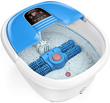 Foot Spa Arealer Foot Bath with 4 Auto Massage Roller,Foot Massager with Heat Bubbles & Pedicure Stone,Foot Soaker with Drainage Outlet & Handy Handle