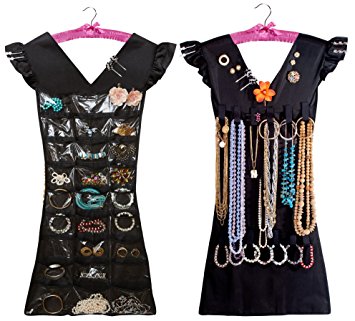Marcus Mayfield 2 sided Dress Style Hanging Organizer with Satin Hanger for Jewelry and Makeup Accessories (Black, Pink)