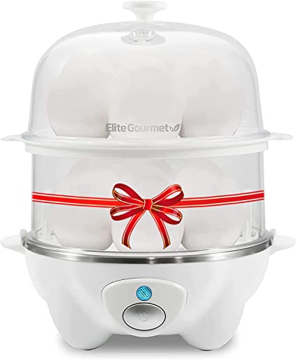 Elite Gourmet EGC1405W 2-Tiered Rapid Egg Cooker, 5-Egg Poacher, Omelets, Soft, Medium, Hard-Boiled Eggs with Auto Shut-Off and Buzzer, BPA Free, 14 eggs, White