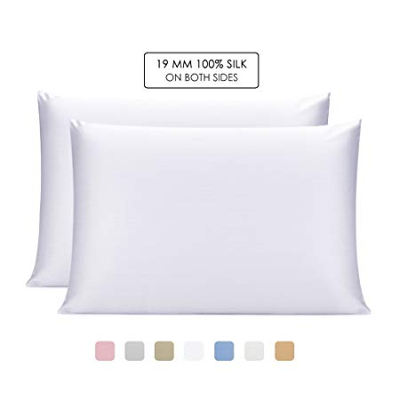 OLESILK 100% Mulbery Silk Pillowcase 2 Pack with Hidden Zipper for Hair and Skin Beauty,Both Sides 19mm Charmeuse - White, King