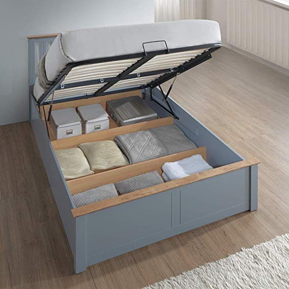 Grey Ottoman Storage Bed, Happy Beds Phoenix Stone Grey Wood Modern Bed Frame - 4ft6 Double (135 x 190 cm) with Spring Mattress Included